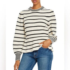 Rebecca Taylor La Vie Cream & Black Striped Peplum Pullover Sweater Size Small